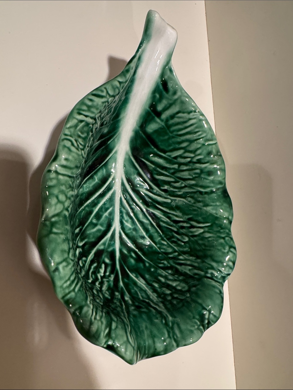 Vintage Majolica Green Cabbage Leaf Serving Bowl Portugal